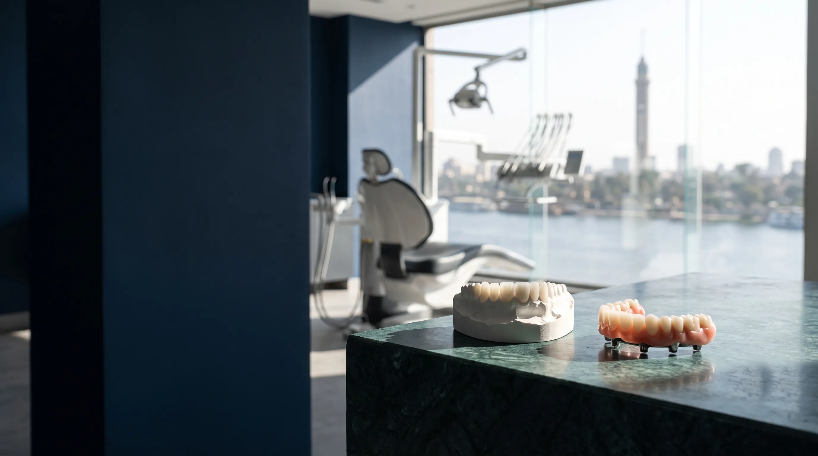 A digital implant framework and denture model on marble, with a Cairo dental suite and the Nile beyond
